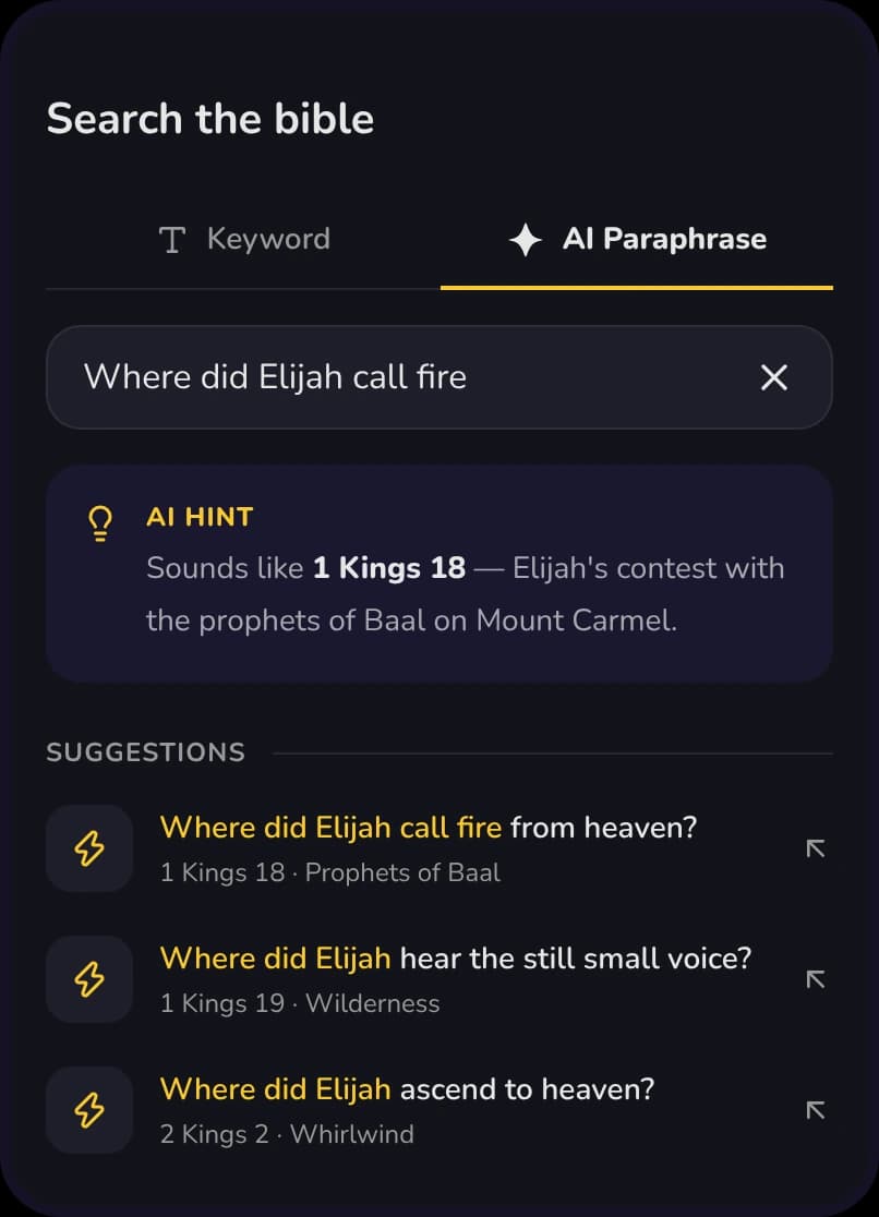 GracePad AI Bible Search on the AI Paraphrase tab, with the question Where did Elijah call fire, a hint pointing to 1 Kings 18 and suggested searches
