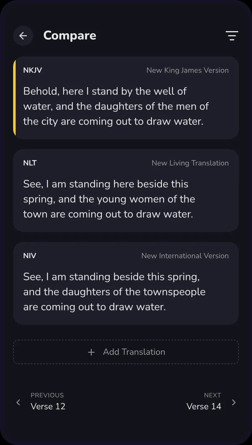The GracePad Bible compare screen showing one verse side by side in the NKJV, NLT and NIV, with an Add Translation button