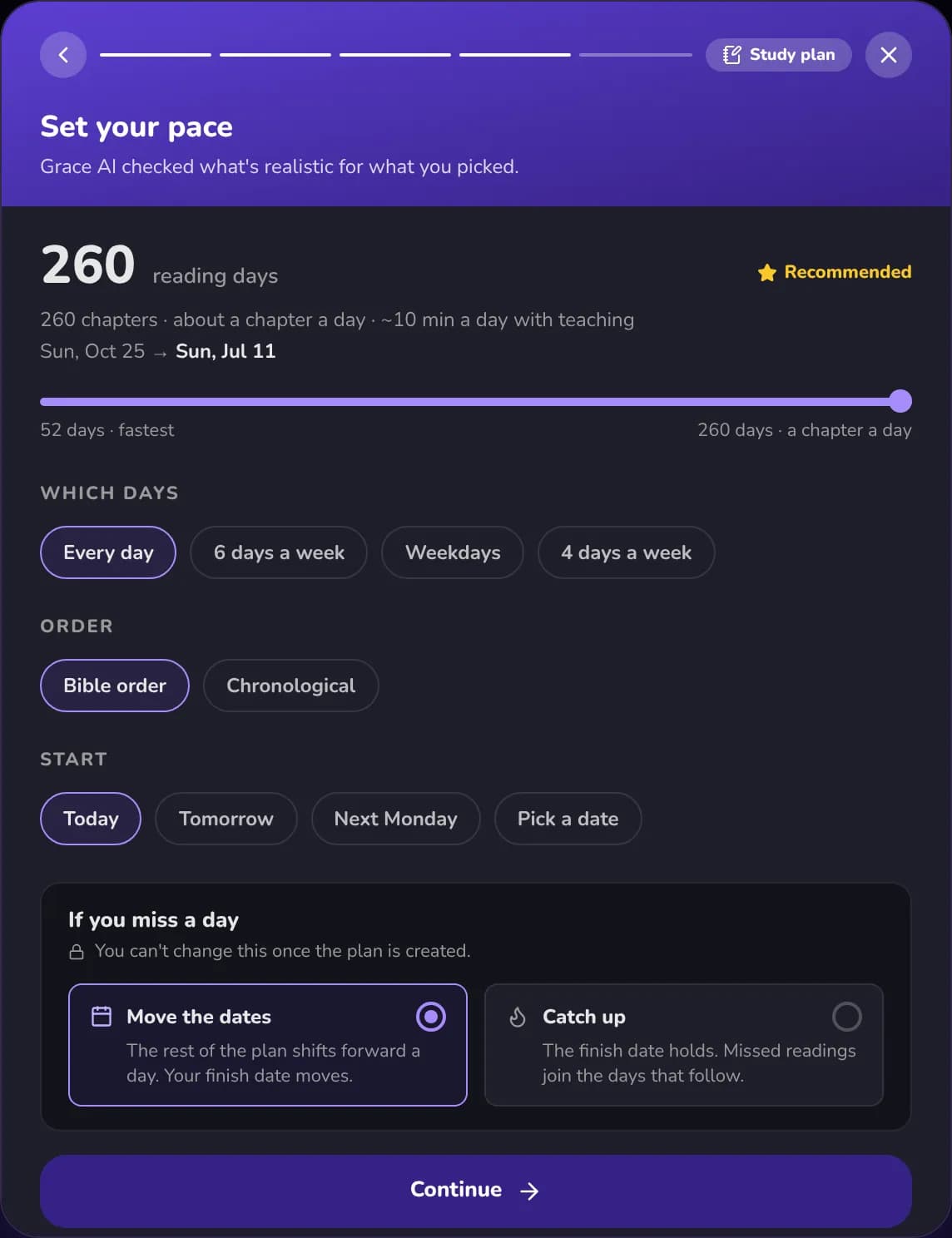 The GracePad Plan Wizard's Set your pace step: a pace slider, which days to read, a start date and what happens if you miss a day