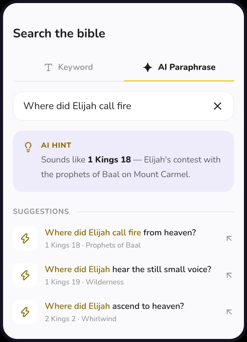 GracePad AI Bible Search on the AI Paraphrase tab, with the question Where did Elijah call fire, a hint pointing to 1 Kings 18 and suggested searches