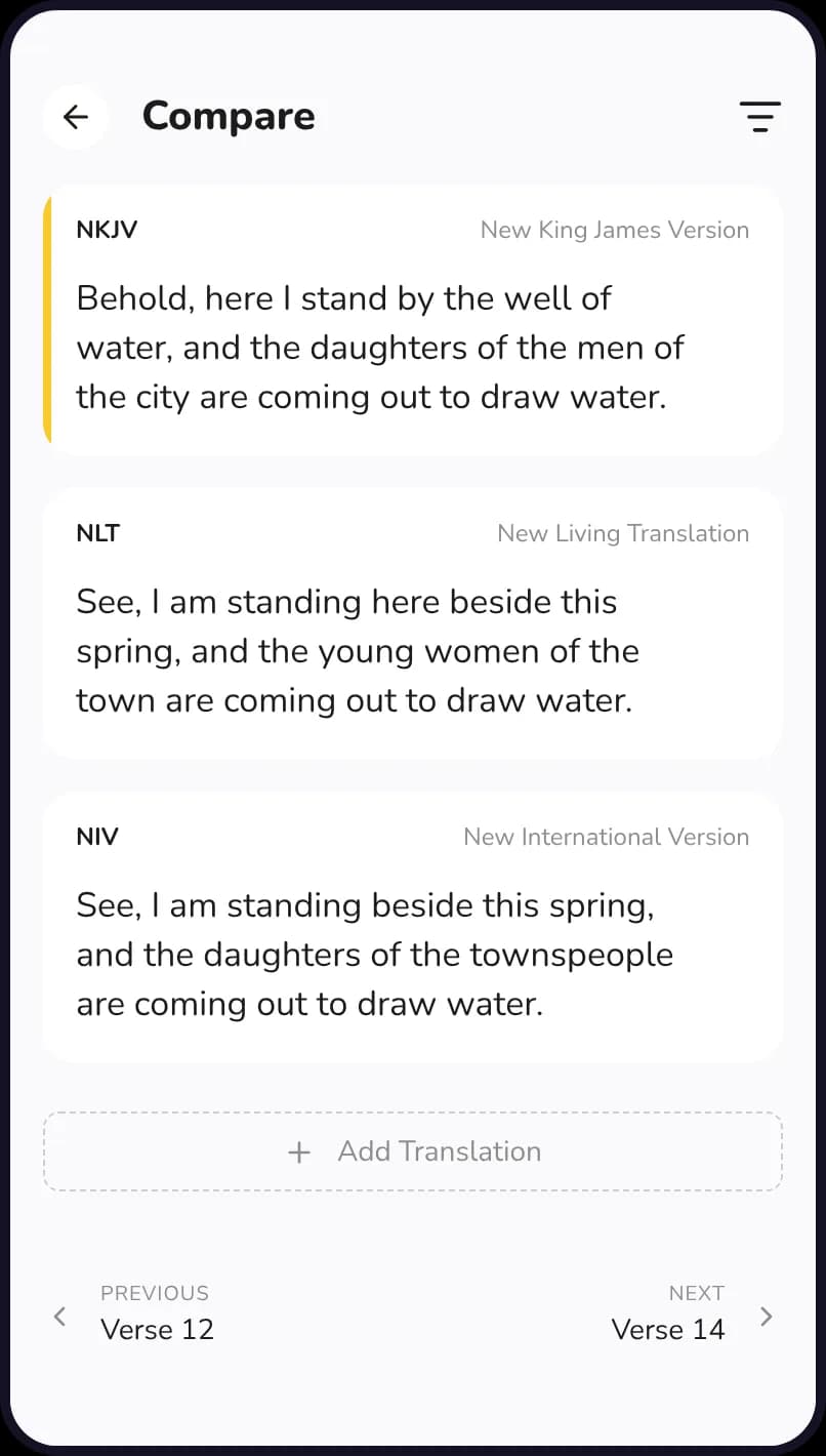 The GracePad Bible compare screen showing one verse side by side in the NKJV, NLT and NIV, with an Add Translation button