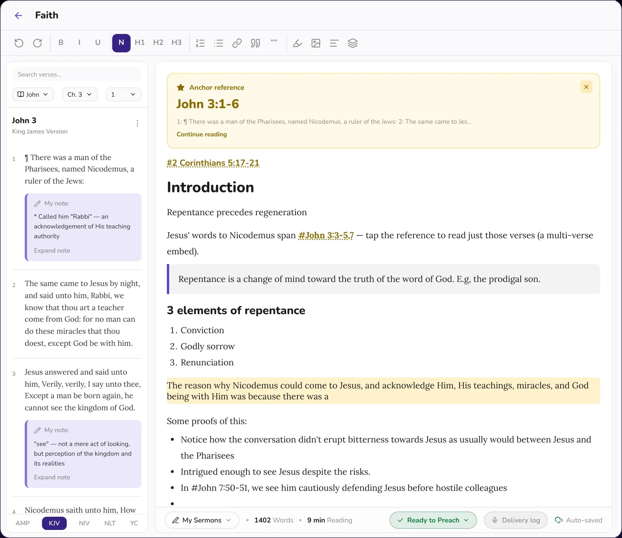 The GracePad notes editor beside the Bible, with an anchor reference to John 3:1-6, an embedded verse reference and the verse notes panel