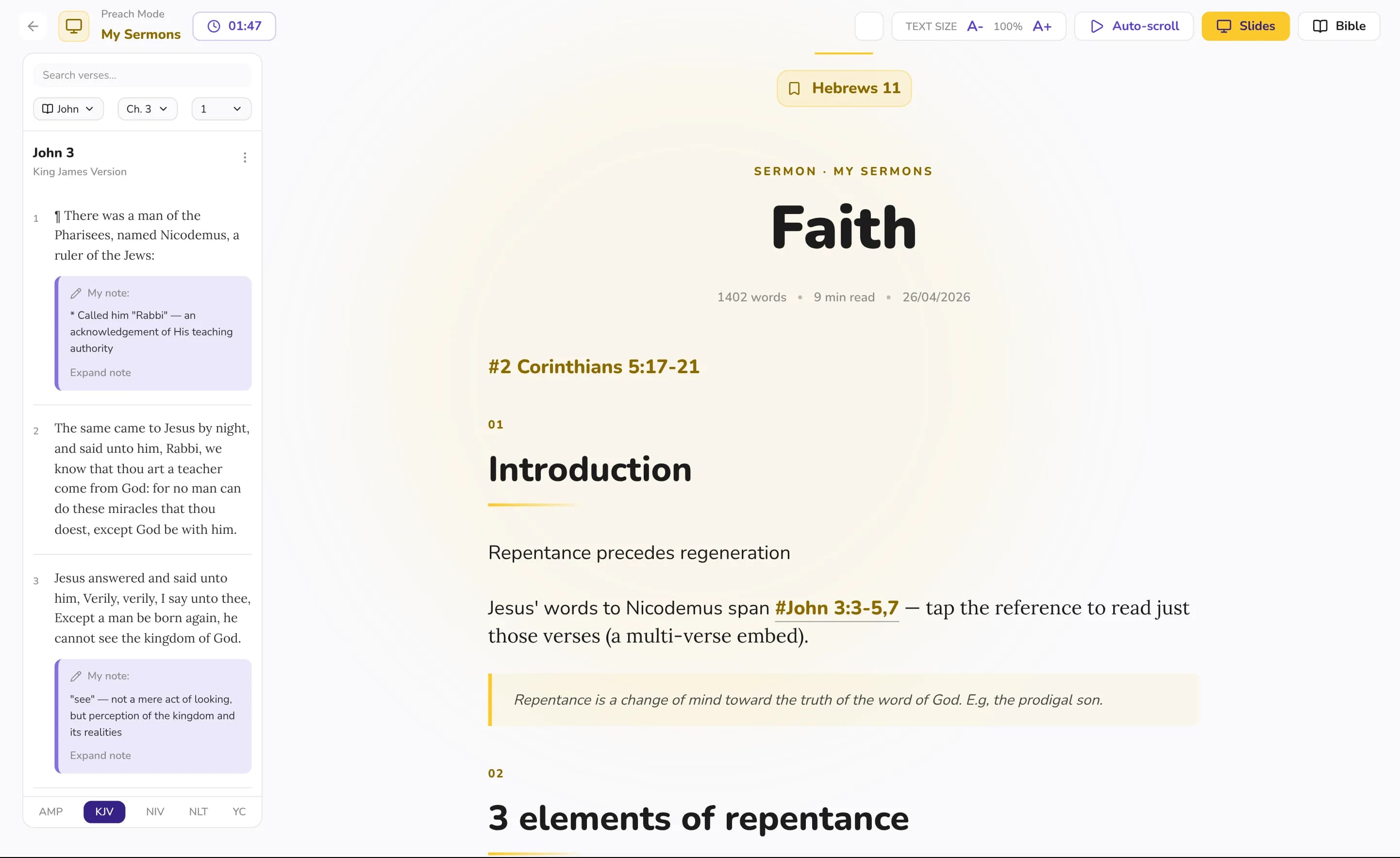 A sermon note in Preach Mode with large text and a verse panel