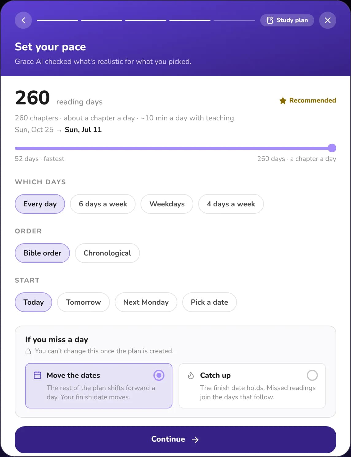 The GracePad Plan Wizard's Set your pace step: a pace slider, which days to read, a start date and what happens if you miss a day
