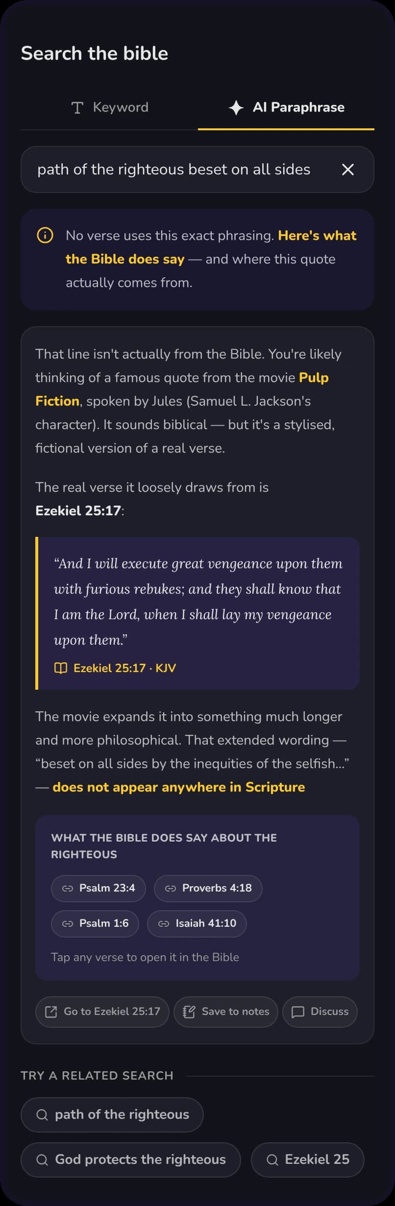 AI Bible Search explaining that a quoted line does not appear in Scripture, then showing Ezekiel 25:17 and related verses about the righteous