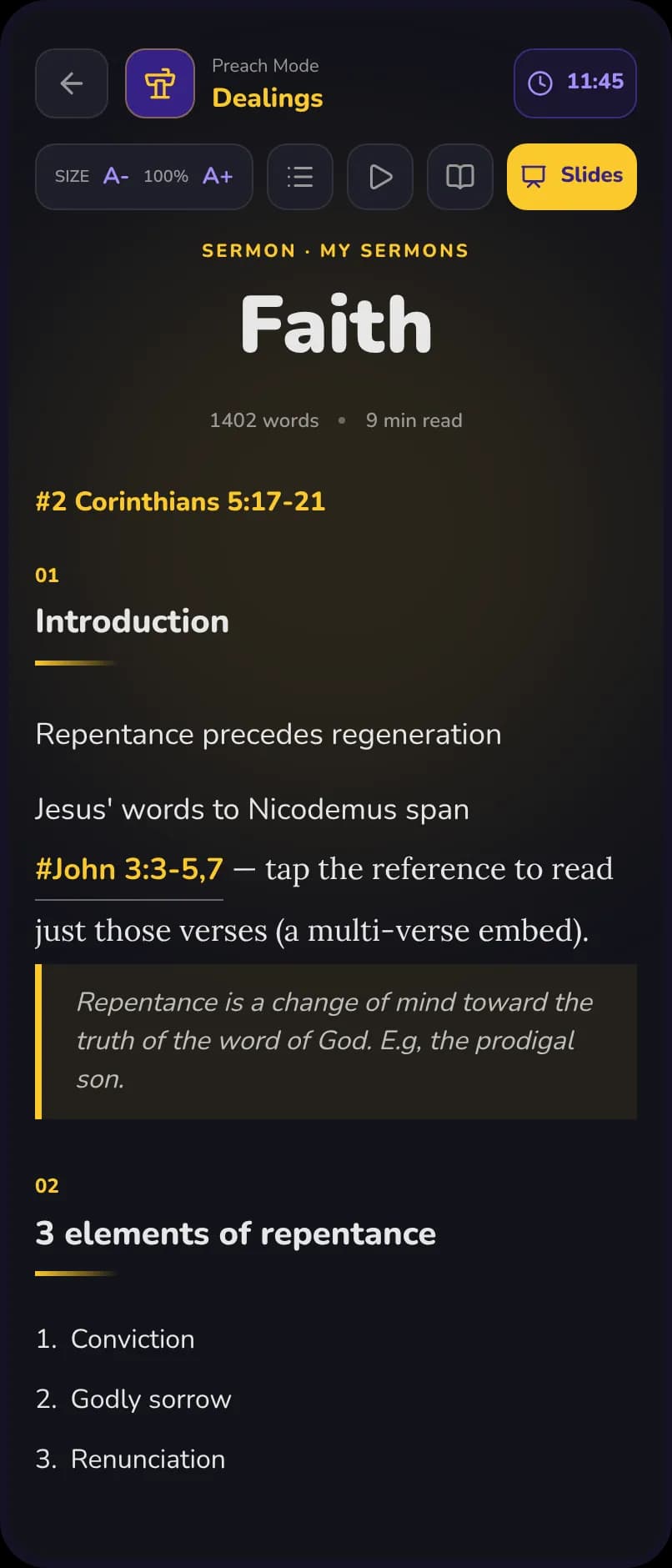 The same sermon in Preach Mode on a phone, with large text