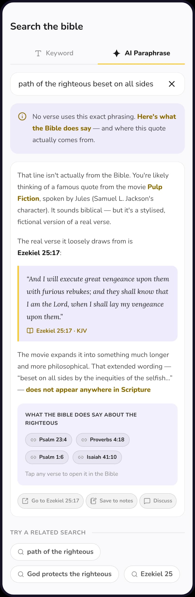 AI Bible Search explaining that a quoted line does not appear in Scripture, then showing Ezekiel 25:17 and related verses about the righteous
