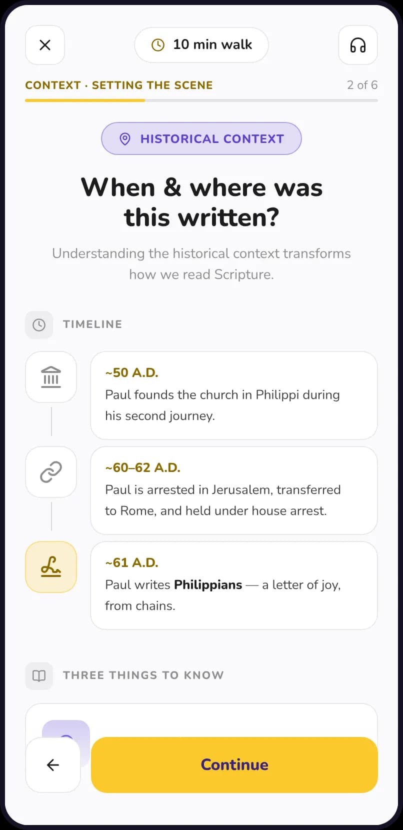 A devotion's Context step on a phone: when and where was this written, with a timeline from Paul founding the church in Philippi to writing Philippians
