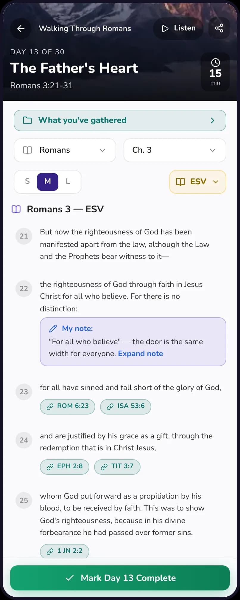 The same plan day on a phone, with Romans 3 in the ESV, a note and cross-references, and a Mark Day 13 Complete button